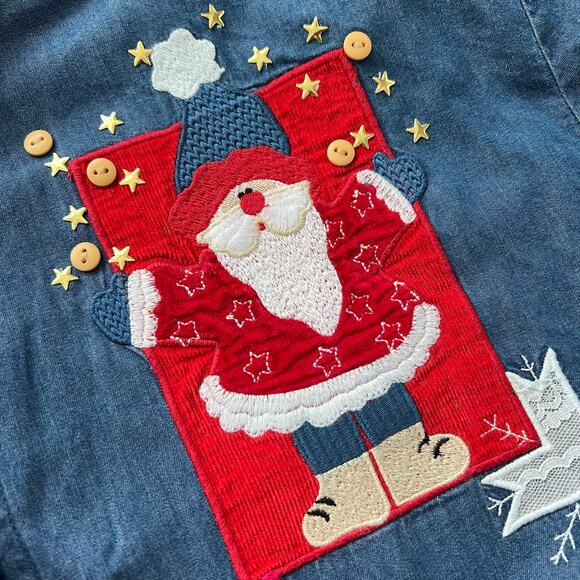 Vintage Karen Scott Sport Christmas Denim Shirt XL Santa Holiday Grandmacore - Picture 5 of 7